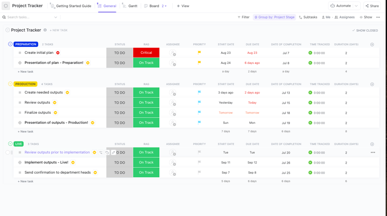 ClickUp project tracker showing tasks in preparation, production, and live stages with due dates, priorities, and status indicators.