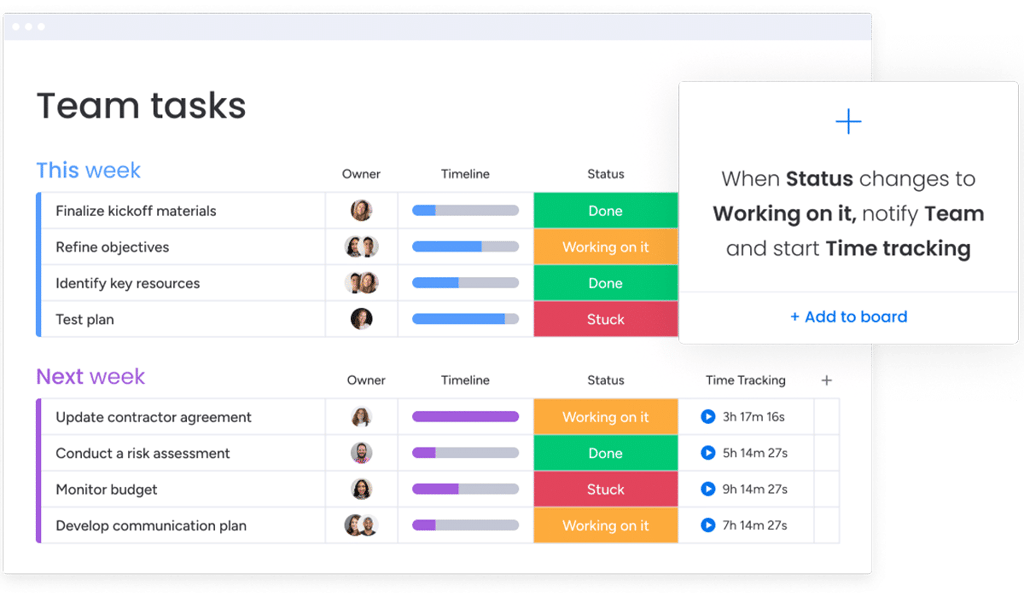 A monday.com board labeled “Team tasks” displays grouped lists for "This week" and "Next week," showing task names, owners, progress timelines, statuses, and time tracking. A side panel highlights an automation rule that starts time tracking and team notification when task status changes to “Working on it.”