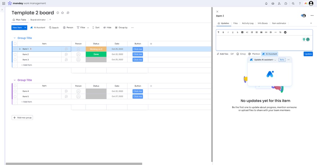 A monday.com board named “Template 2 board” displays task rows with columns for item name, person, status, date, and button links. On the right side, the Update AI assistant panel is open, showing a blank update field and a pop-up for AI-generated suggestions.