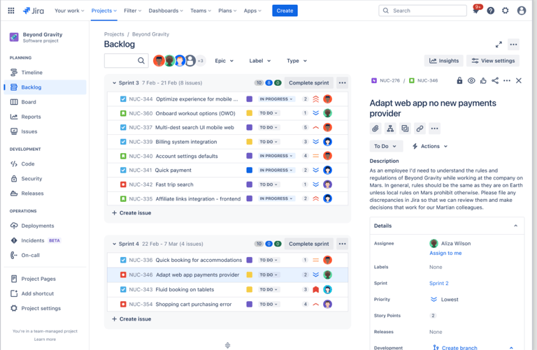 Jira backlog interface displaying user stories organized by sprint with issue IDs, statuses, and assigned developers.