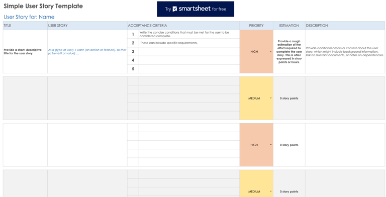 Smartsheet spreadsheet displaying columns for user story details, acceptance criteria, priority, estimation, and description.