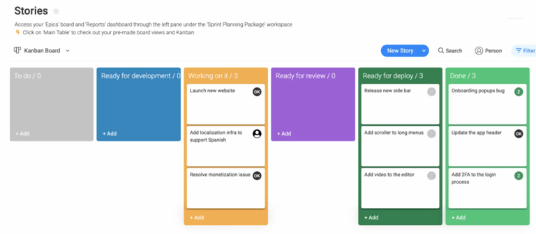 monday Kanban board labeled with stages from “To do” to “Done,” showing cards representing user stories and tasks.