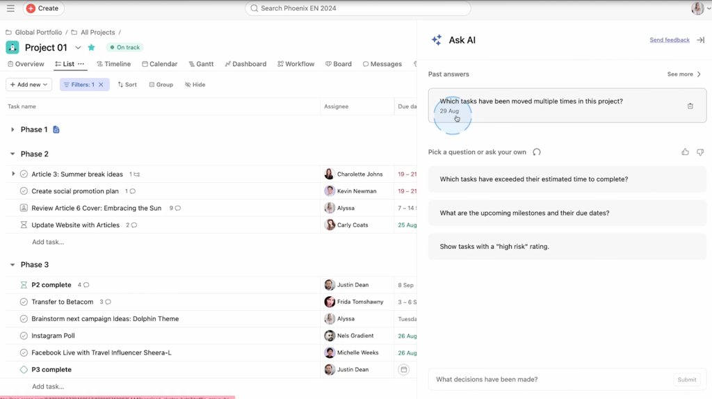 Asana project list view showing Project 01 with phased tasks, assignees, due dates, and an Ask AI panel that highlights questions about task changes, risks, and timeline insights.