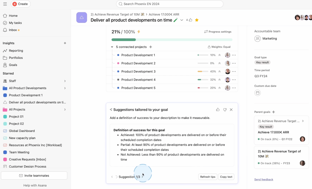 Asana goals dashboard displaying a key result for delivering product developments on time, with connected projects, progress percentages, accountable team details, and AI suggestions for defining success.