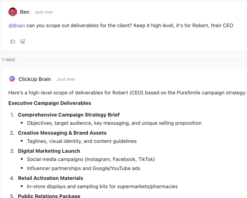 ClickUp comment thread where a team member asks ClickUp Brain to scope high-level client deliverables, and the AI responds with an executive campaign deliverables outline formatted for leadership review.
