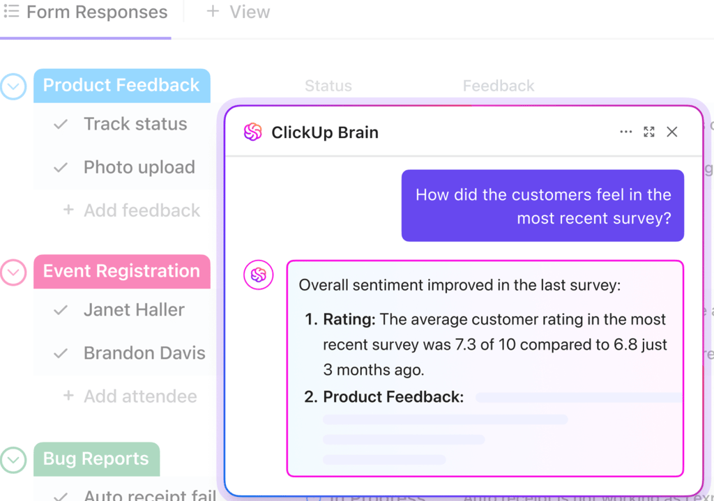ClickUp workspace showing a form responses view where ClickUp Brain summarizes recent customer survey sentiment with ratings and feedback inside an embedded AI panel.