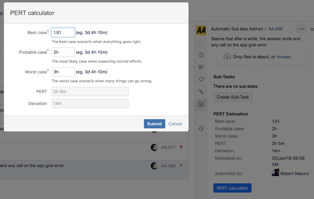 Jira PERT calculator window showing best-case, probable-case, and worst-case input fields with computed PERT and deviation values for project time estimation.