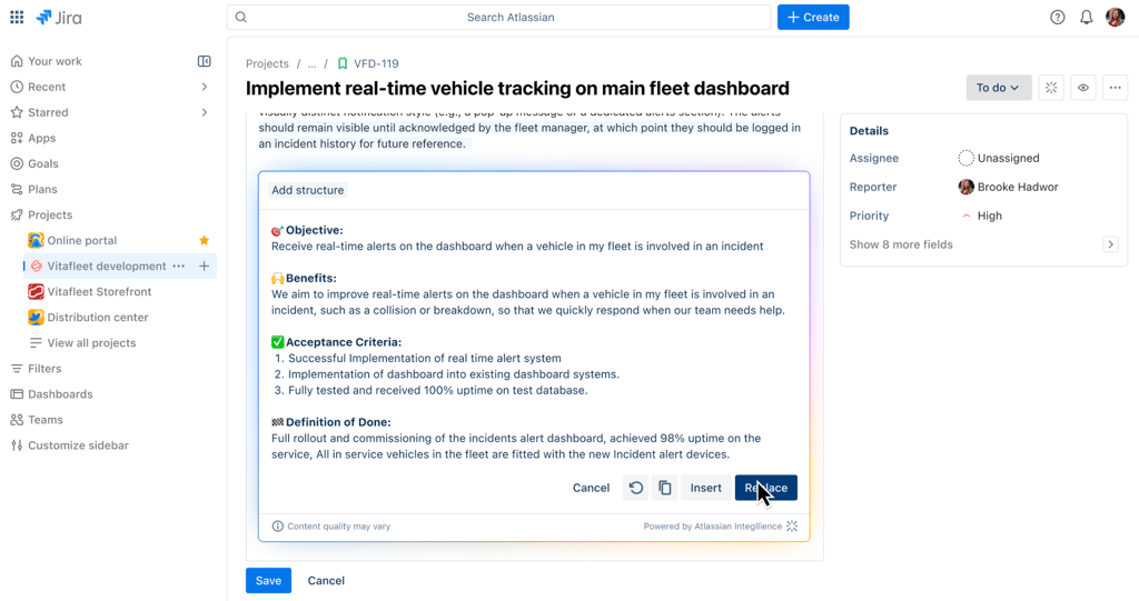 Jira issue view where Atlassian Intelligence structures a feature request with objectives, benefits, acceptance criteria, and definition of done directly inside a high-priority task.