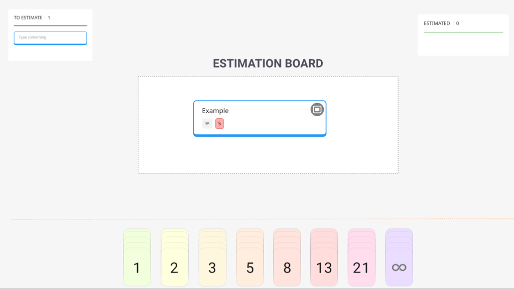 Miro estimation board interface showing numbered estimation cards and an active example task, representing how teams select and compare story point values during Planning Poker.