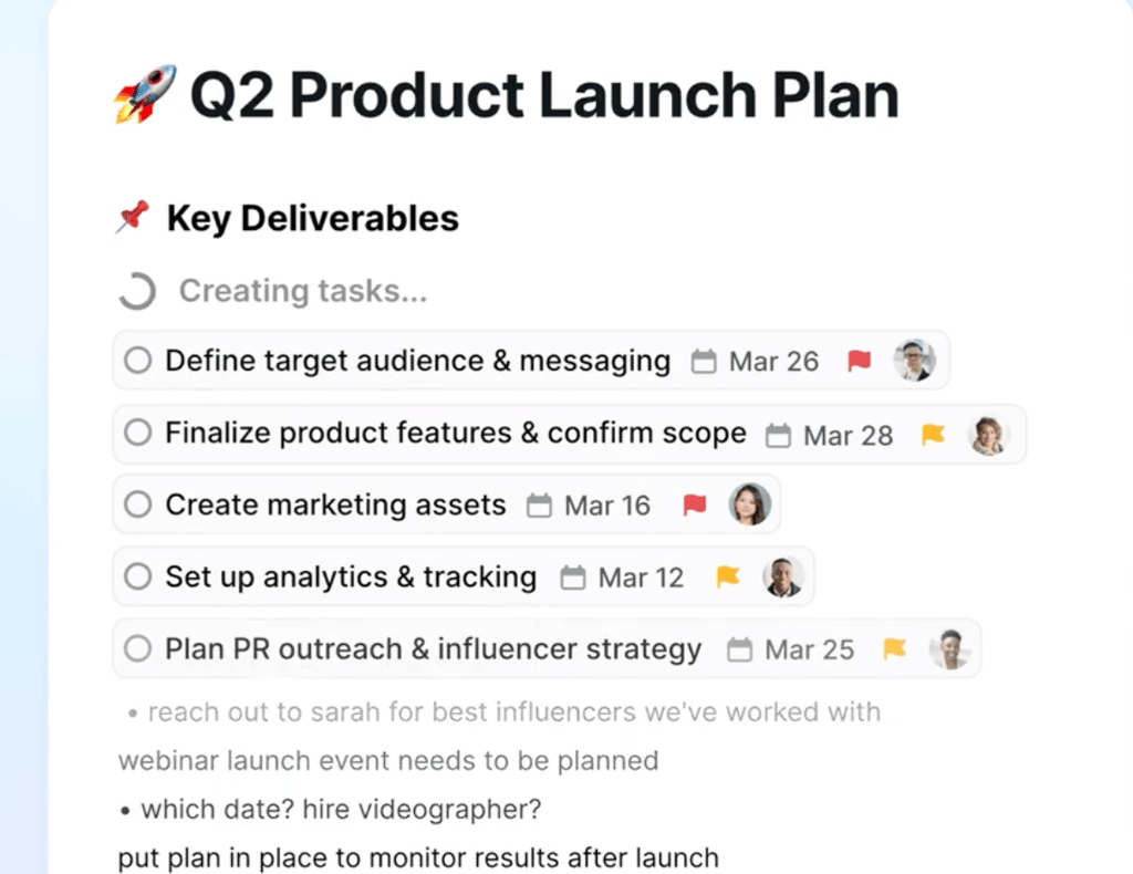 Motion project view showing a Q2 product launch plan with AI-generated key deliverables, assigned owners, due dates, and automatically created tasks for marketing and launch activities.