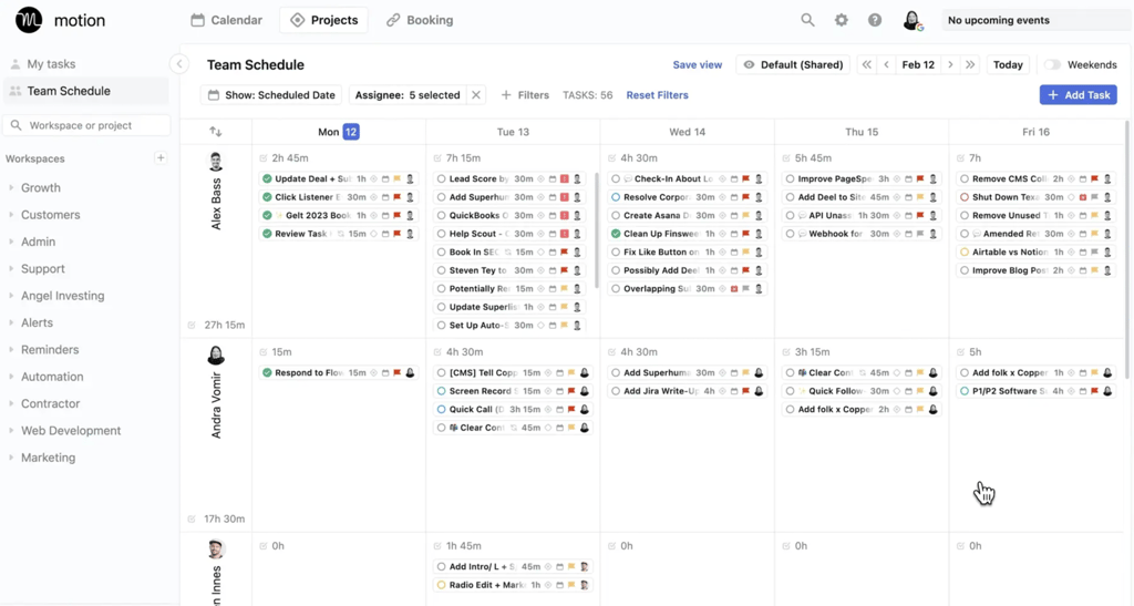 Motion team schedule displaying a calendar-based workload view that automatically plans tasks across team members by day, duration, and priority.