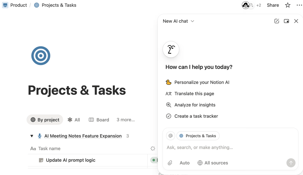 Notion Projects and Tasks workspace showing a project-based task list while Notion AI chat offers options to analyze insights, translate the page, and create a task tracker from the content.