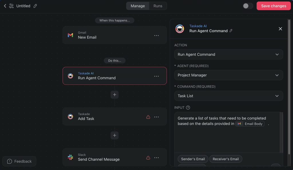 Taskade automation builder showing a workflow that triggers on a new Gmail email, runs a Taskade AI agent to generate a task list from the email body, then adds tasks and sends a Slack message.