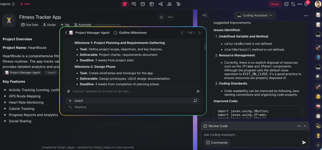 Taskade project workspace for a fitness tracker app where a Project Manager AI agent outlines milestones and deliverables while a coding assistant reviews code issues and suggests improvements.