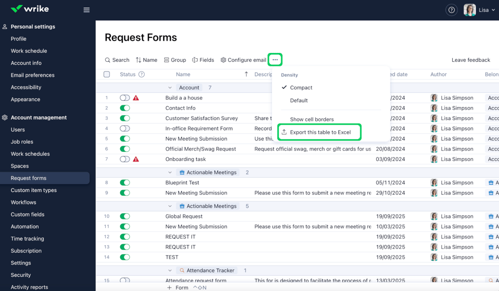Wrike request forms dashboard showing a table of form submissions with an export-to-Excel option highlighted.