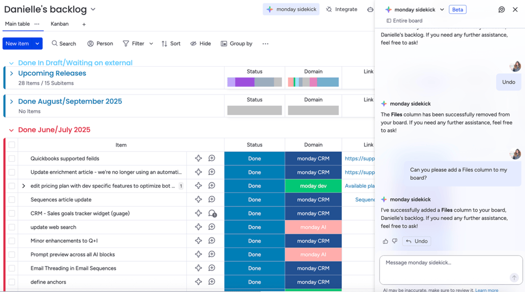 monday board showing a user’s backlog with grouped items by release period and status, alongside monday sidekick confirming board changes after adding or removing a Files column through chat commands.