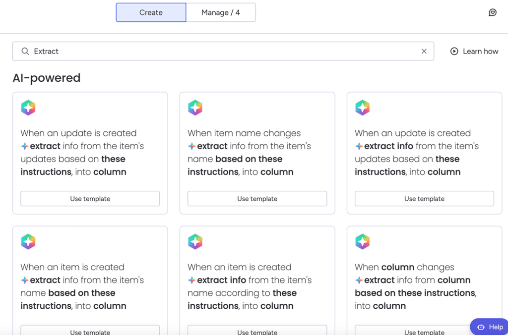 monday automation gallery highlighting AI-powered templates that extract information from item names, updates, or column changes and automatically populate board columns.
