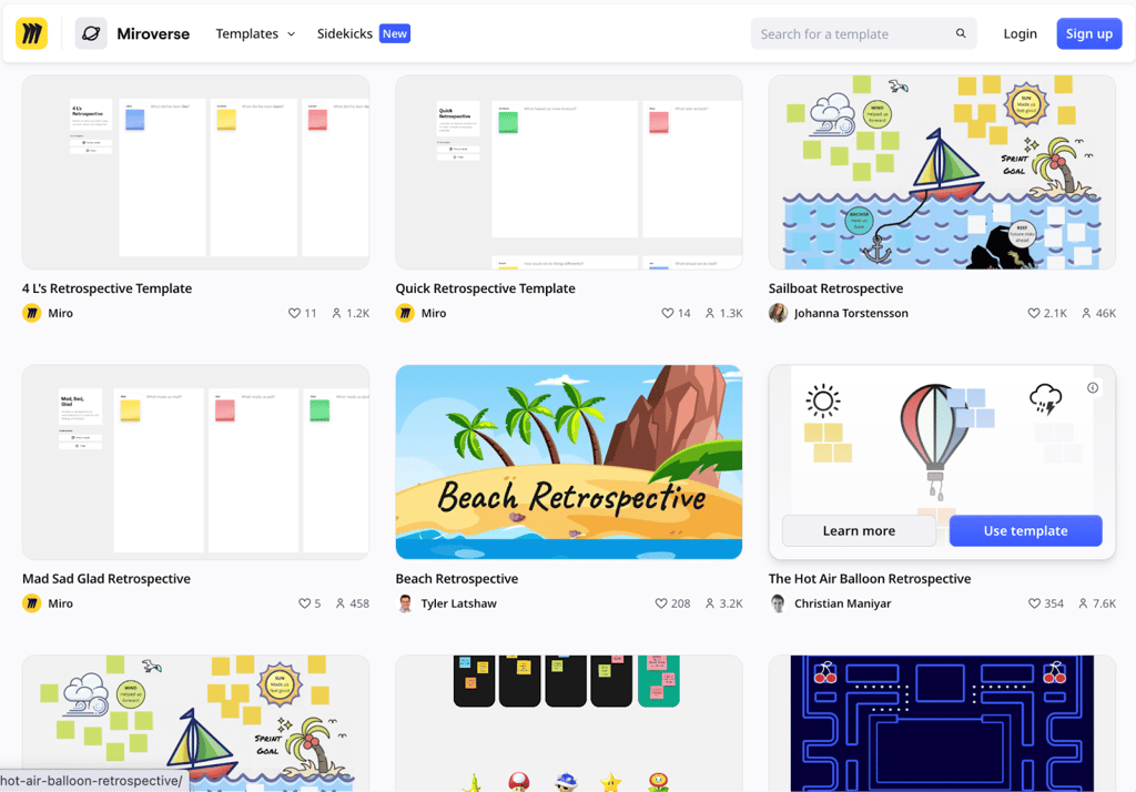 Miroverse template gallery displaying several sprint retrospective boards including 4 L’s, Mad Sad Glad, Sailboat, Beach, and Hot Air Balloon formats.